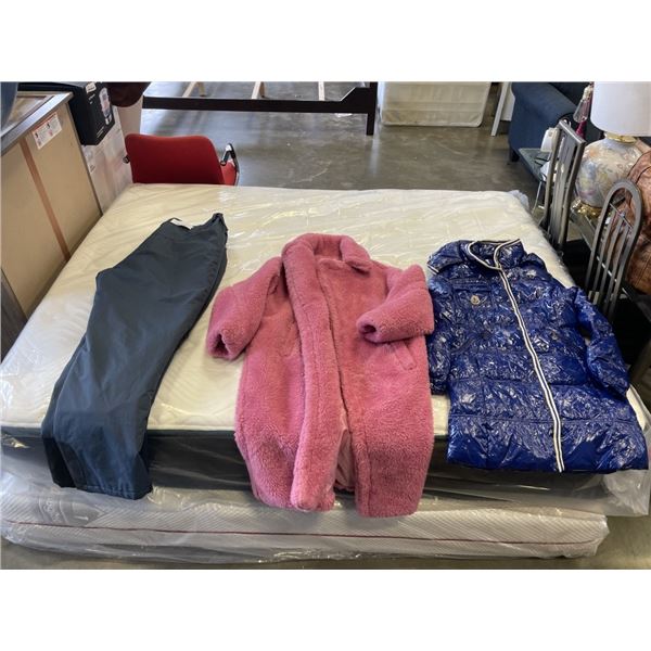 LADIES PINK FUR JACKET, BLUE PUFFER JACKET AND MENS 4XL SNOWPANTS