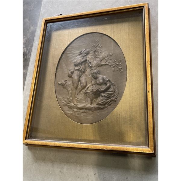 FRAMED ANTIQUE PLAQUE, BOY PLAYING TRUMPET