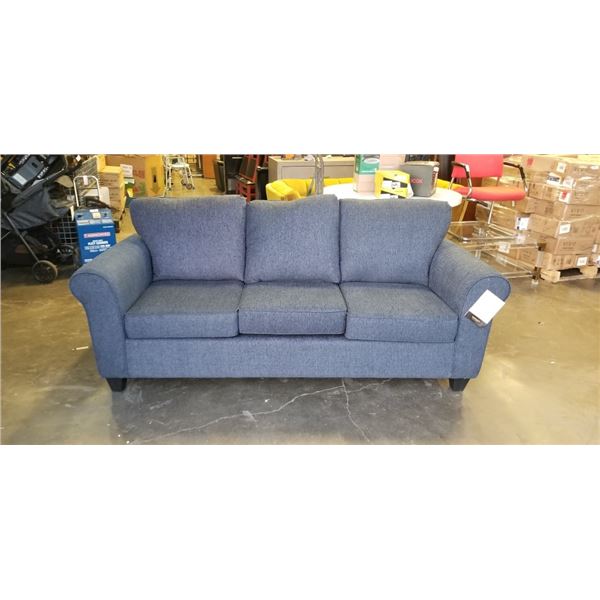 AS NEW MINHAS UPHOLSTERED SOFA, BACK HAS BROKEN FRAME, STILL USEABLE, DOES NOT AFFECT INTEGRITY