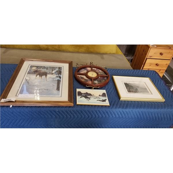 3 SIGNED PHOTOS AND WALL CLOCK - 2 FRAMED, ONE NATIVE ART