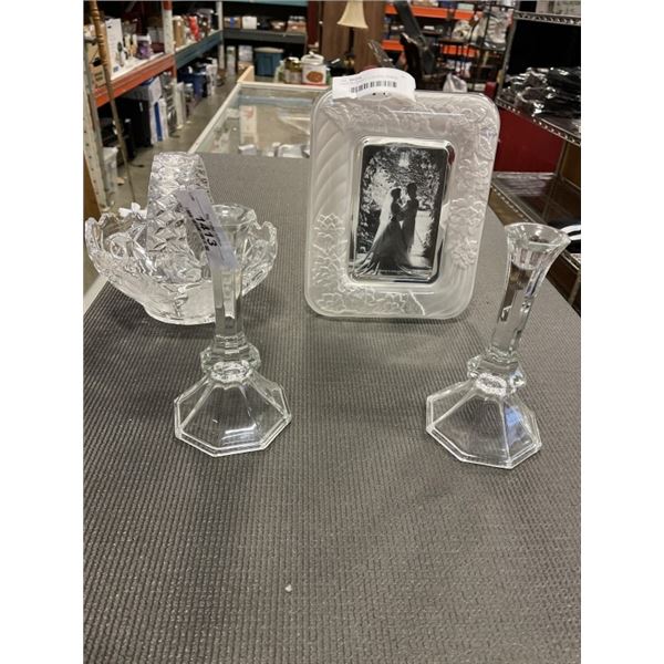 CRYSTAL BASKET, 2 CRYSTAL CANDLE HOLDERS, AND CRYSTAL PICTURE FRAME
