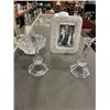 Image 1 : CRYSTAL BASKET, 2 CRYSTAL CANDLE HOLDERS, AND CRYSTAL PICTURE FRAME