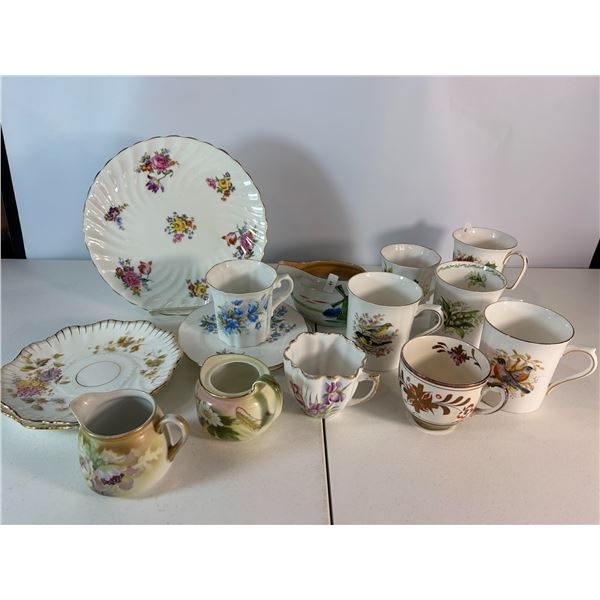 12 Pc Mixed Porcelain Teacup, Plate & Creamer Assortment  Floral & Bird Motifs
