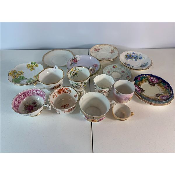 18 Pc Mixed Vintage Teacups, Saucers & Dessert Plates  Floral & Gilt Trim