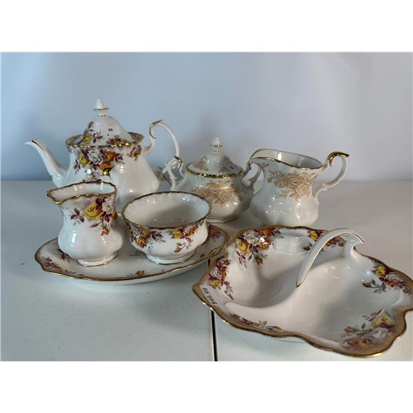 7 Pc Royal Albert Style Tea Service & Serving Pieces  Floral with Gilt Trim