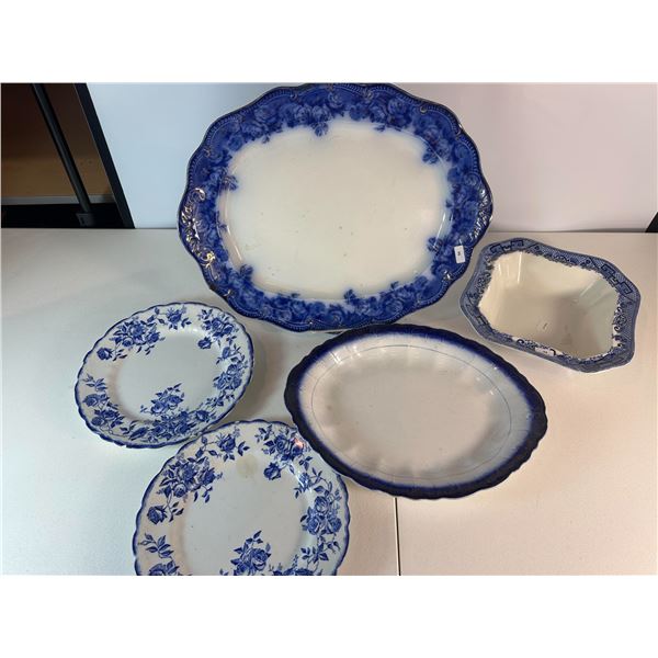 Blue Floral Serving Platters & Bowls – 5 Pieces