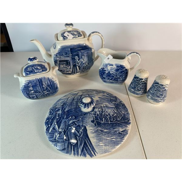 Liberty Blue Teapot, Sugar, Creamer & Shakers – 5 Pieces