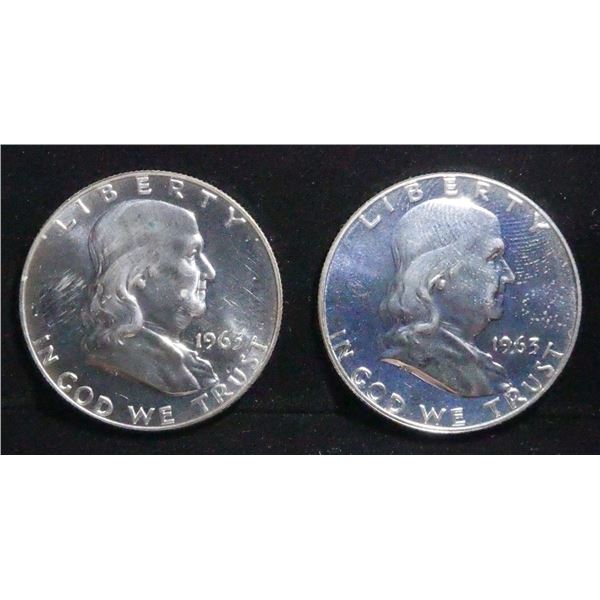 (2) 90% SILVER 1963 FRANKLIN HALF DOLLARS PROOF BU
