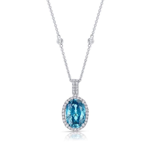 BARANOF JEWELERS: Natural Blue Zircon and Diamond Pendant Set in 14K Gold