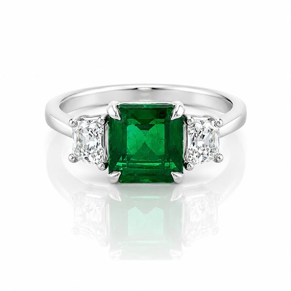 BARANOF JEWELERS: Natural Zambian Emerald and Diamond Ring Set in 18K White Gold