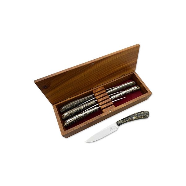 AFRICAN SPORTING CREATIONS: Boxed Set of Six Arno Bernard Steak Knives with Kudu Horn Handles