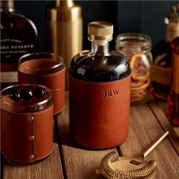 CLAYTON & CRUME: Leather Decanter and Matching Rocks Glasses