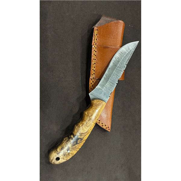 (NEW) Handmade Carbon Damascus Knife w/ Olive Burl Wood Handle