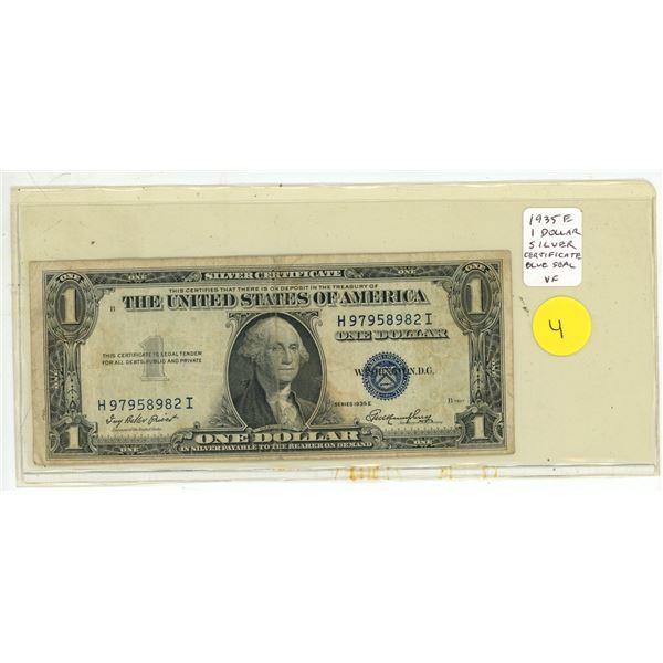 U.S. 1935E $1 Silver Certificate. George Washington. Blue Seal. At one time, you could take this to 