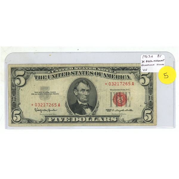 U.S. 1963A $5 * Replacement Note. Abraham Lincoln. Red Seal. Star Replacement note. VF.