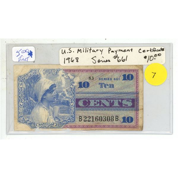 U.S. 1968 10 Cents Military Payment Certificate. Series 661. Fine.