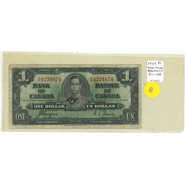 1937 $1 note. King George VI. Coyne-Towers signatures. B/N Prefix. BC-21d. Fine.