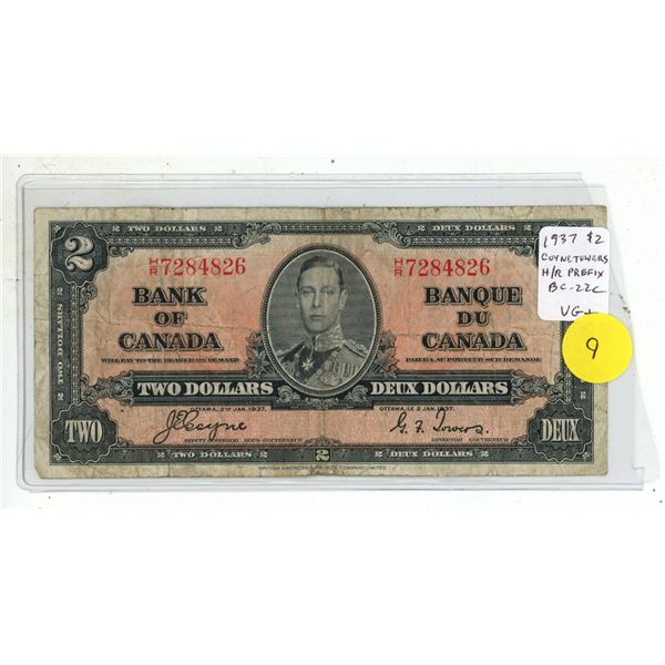 1937 $2 note. King George VI. Coyne-Towers signatures. H/R Prefix.  BC-22c. VG+.