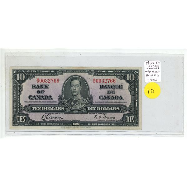 1937 $10 note. King George VI. Gordon-Towers signatures. W/D Prefix. BC-24b. VF20.