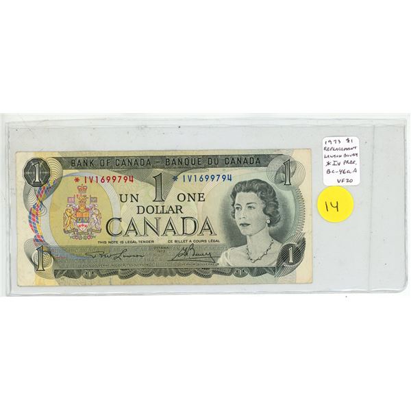 1973 $1 Replacement note. Lawson-Bouey signatures. *IV Replacement Prefix. BC-46aA. VF20.