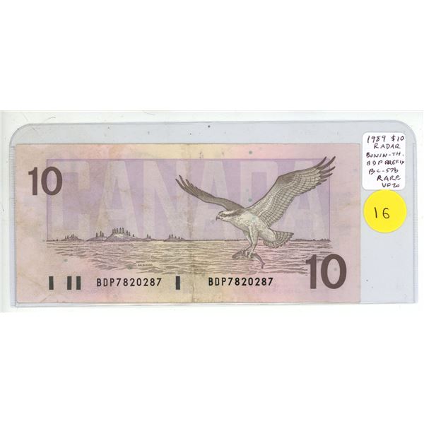 1989 $10 RADAR note. Bonin-Thiessen signatures. BDP Prefix. RADAR Serial Number 7820287. VF20. Rare.