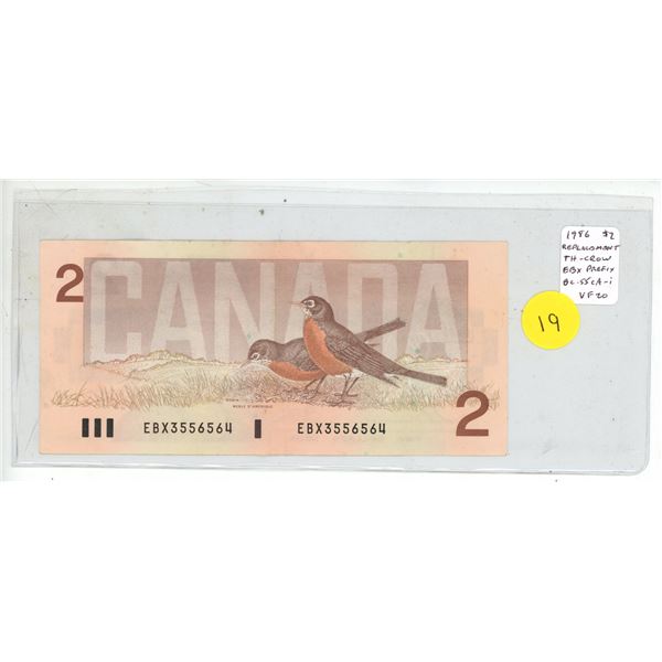 1986 $2 Replacement. Thiessen-Crow signatures. EBX Replacement Prefix. BC-55cA-i. VF20.