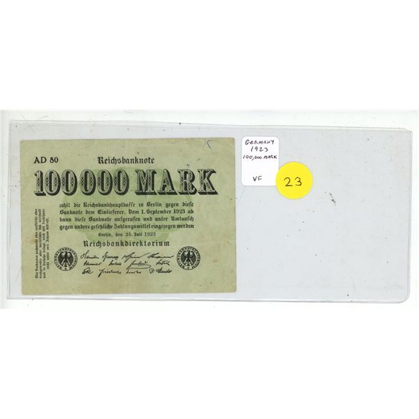 Germany – Weimar Republic. 1923 100,000 Mark. VF.