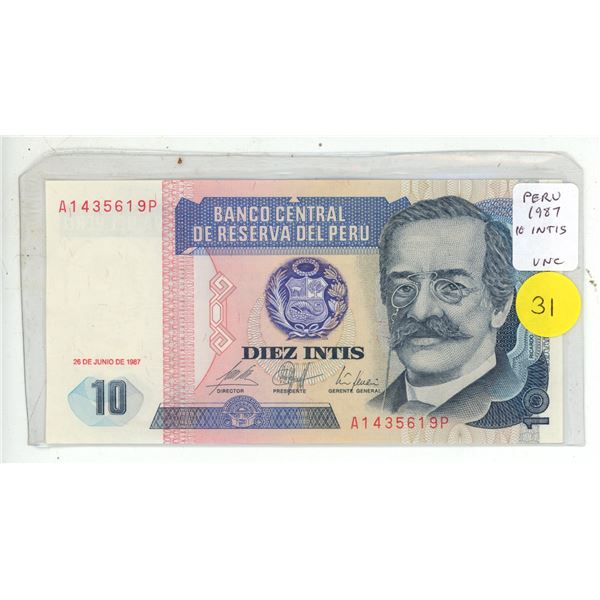 Peru. Central Reserve Bank of Peru. 1987 10 Intis. Uncirculated.