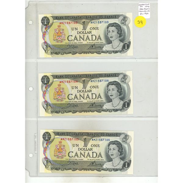 Set of 3 Consecutive Serial Number 1973 $1 notes. Crow-Bouey signatures. AMZ Prefix. Serial Numbers 