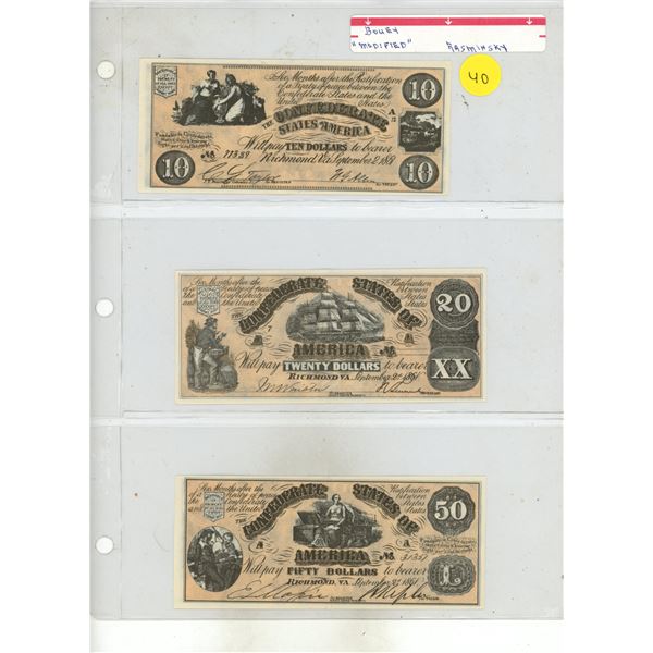 Set of 3 Replicas of Confederate States of America 1861 $10, $20 and $50 notes. None of these notes 