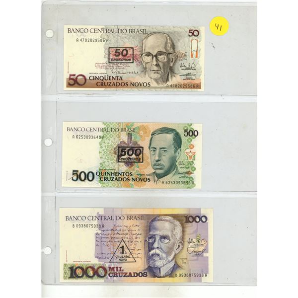 Set of 3 Central Bank of Brazil Overprinted notes. Includes 50 Cruzeiros, 500 Cruzeiros and 1 Cruzad