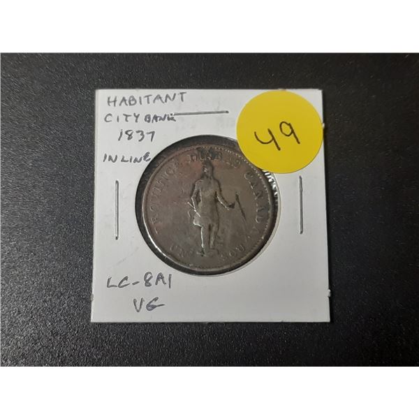 Lower Canada. 1837 Un Sou Habitant Pre-Confederation Token. LC-8A1. VG.
