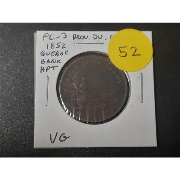 Province of Canada. 1852 Quebec Bank Half Penny Pre-Confederation Token. PC-3. VG.