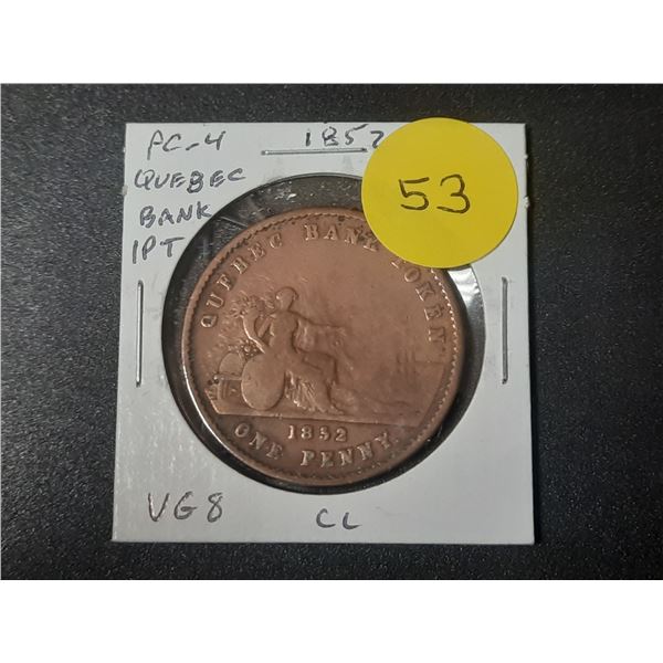 Province of Canada. 1852 Quebec Bank 1 Penny Pre-Confederation Token. PC-4. VG Cleaned.