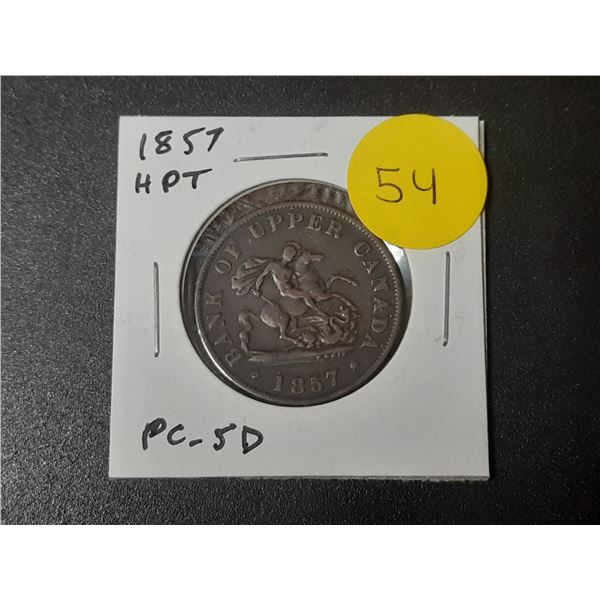 Province of Canada. 1857 Half Penny Pre-Confederation Token. St-George slaying Dragon. PC-5D. VF.