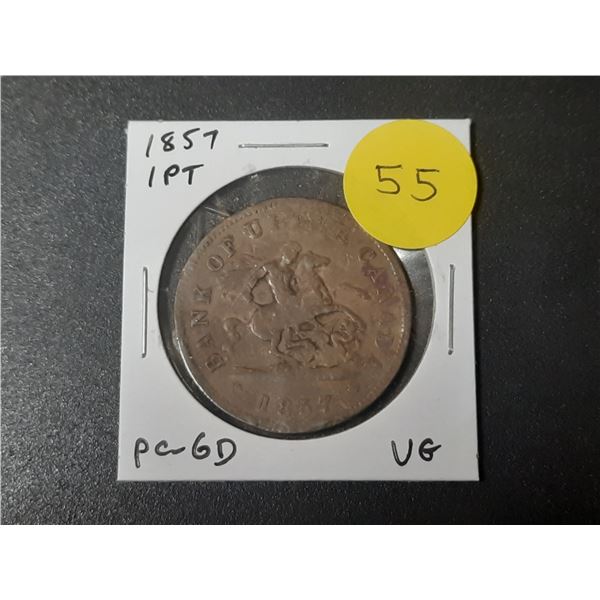 Province of Canada. 1857 1 Penny Pre-Confederation Token. St-George slaying Dragon. PC-6D. VG.