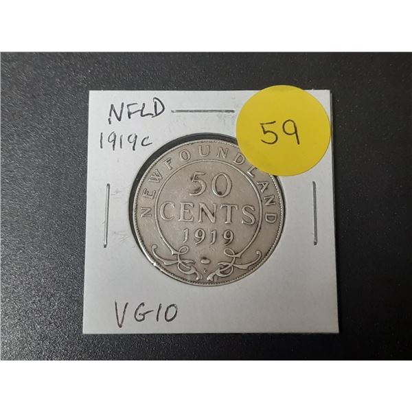 Newfoundland. 1919c Silver 50 Cents. The last 50 Cents issued for Newfoundland. VG10.