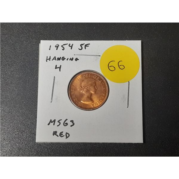 1954 Shoulder Fold Canadian Small Cent with Hanging 4 from Die Clash. MS-63 Red.