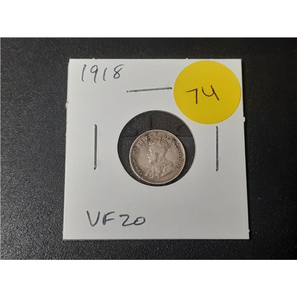 1918 Canadian Silver 5 Cents. Minted the last year of World War I. VF20.
