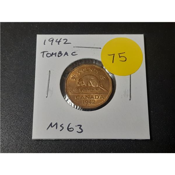 1942 Tombac 5 Cents. The first Tombac issued with a Beaver. MS63.