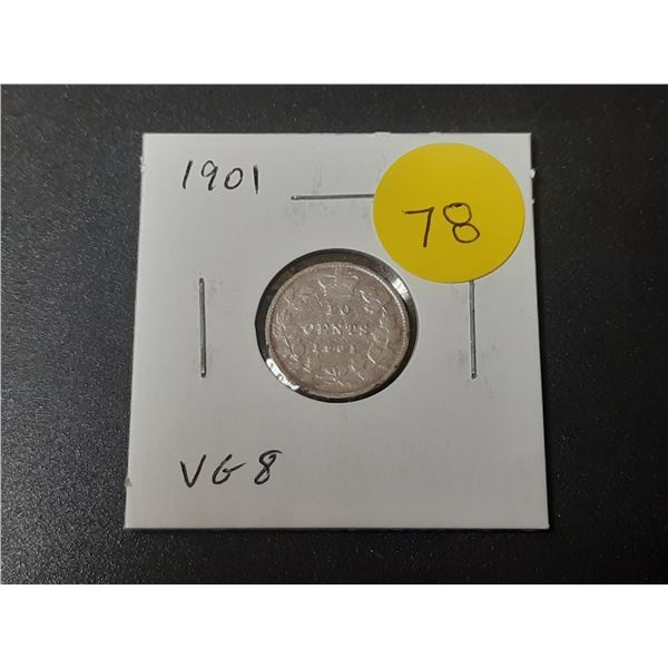 1901 Canadian Victorian Silver 10 Cents. The last issue of Queen Victoria. VG8.