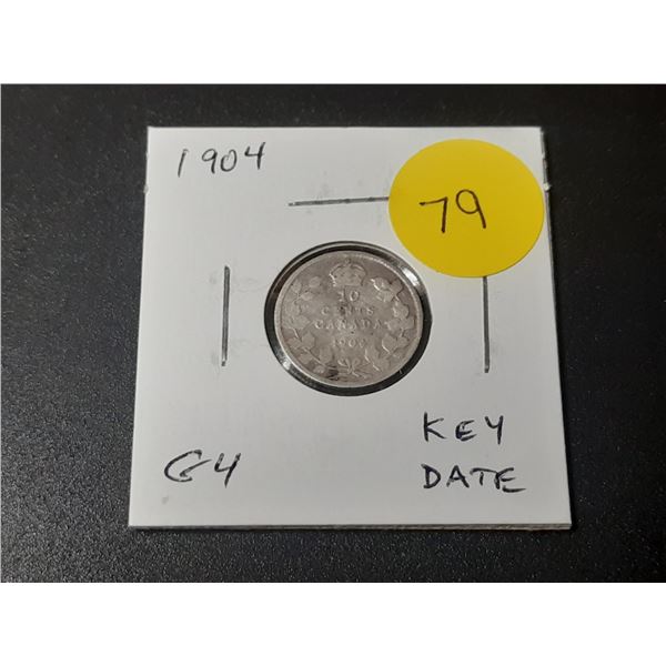 1904 Canadian Silver 10 Cents. Key Date. G4.