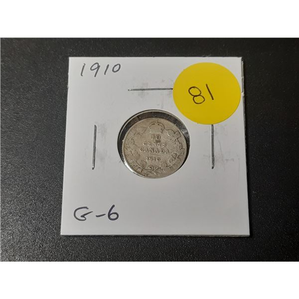 1910 Canadian Silver 10 Cents. Last issue for King Edward VII. G6.