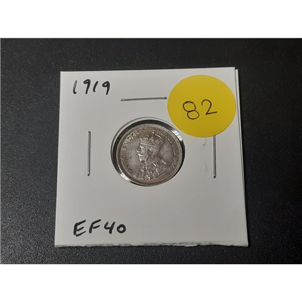 1919 Canadian Silver 10 Cents. EF40.