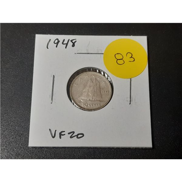 1948 Canadian Silver 10 Cents. Key Date. VF20.