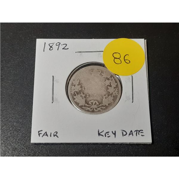 1892 Canadian Victorian Silver 25 Cents. Key Date. Fair with readable date.