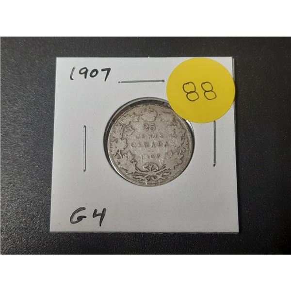 1907 Canadian Silver 25 Cents. G4.