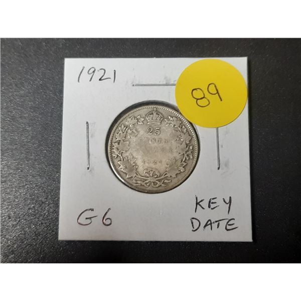 1921 Canadian Silver 25 Cents. Key Date. G6.