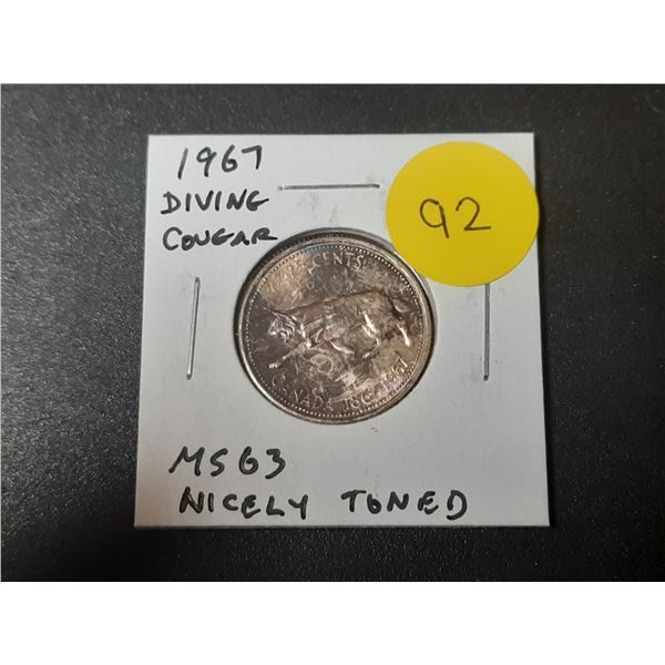 1967 Diving Bobcat Silver 25 Cents. Rotated Die. MS63. Nicely Toned.