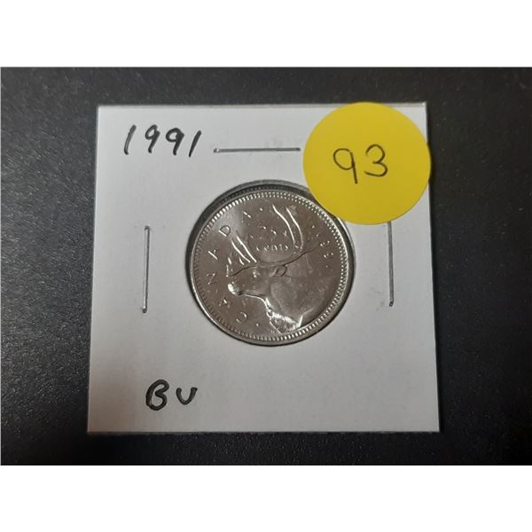 1991 Canadian 25 Cents. Key Date. BU.